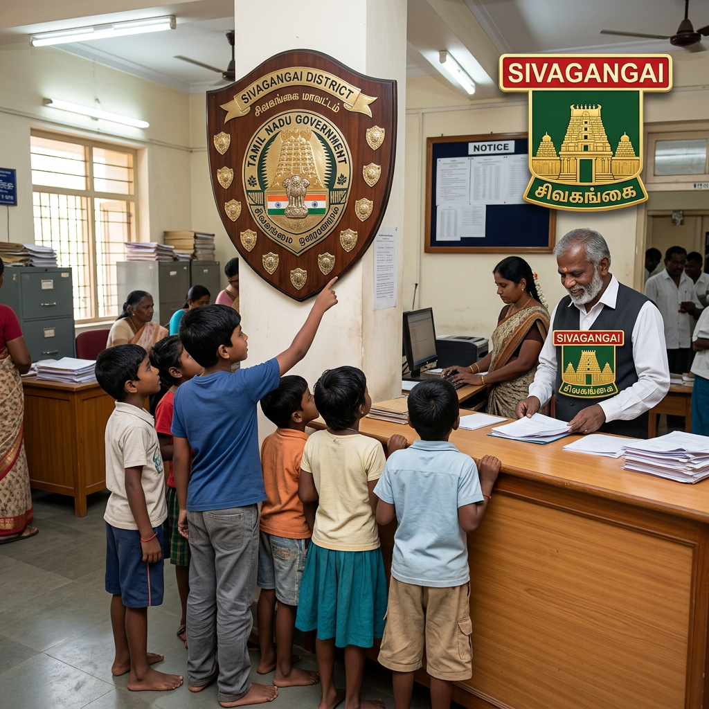 Children standing in line at a government office counter in Sivagangai, Tamil Nadu